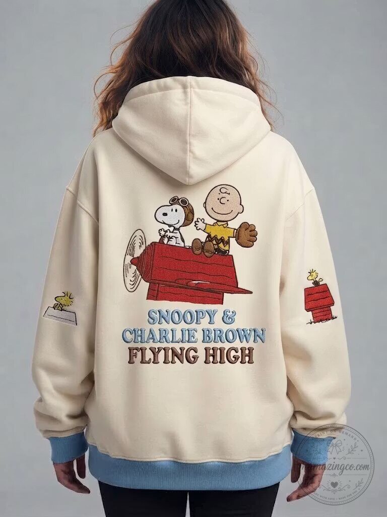 Snoopy and Charlie Brown Flying High Beige Pullover Hoodie